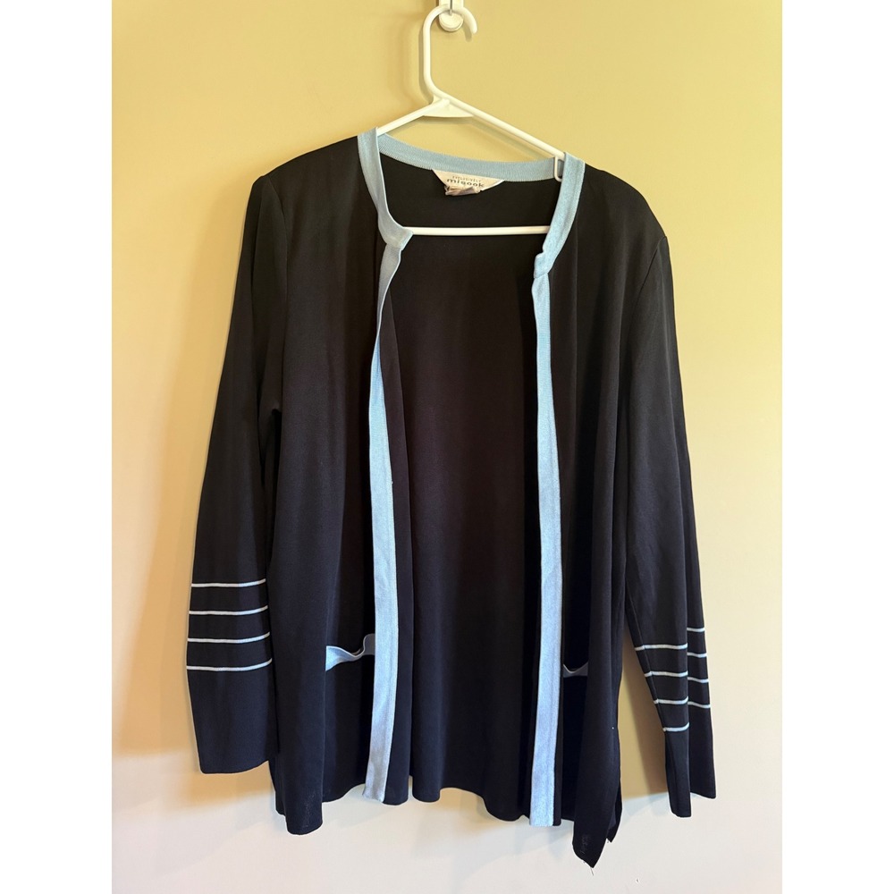 Exclusively Misook Womens L Black Light Blue Open Front Knit Cardigan Sweater